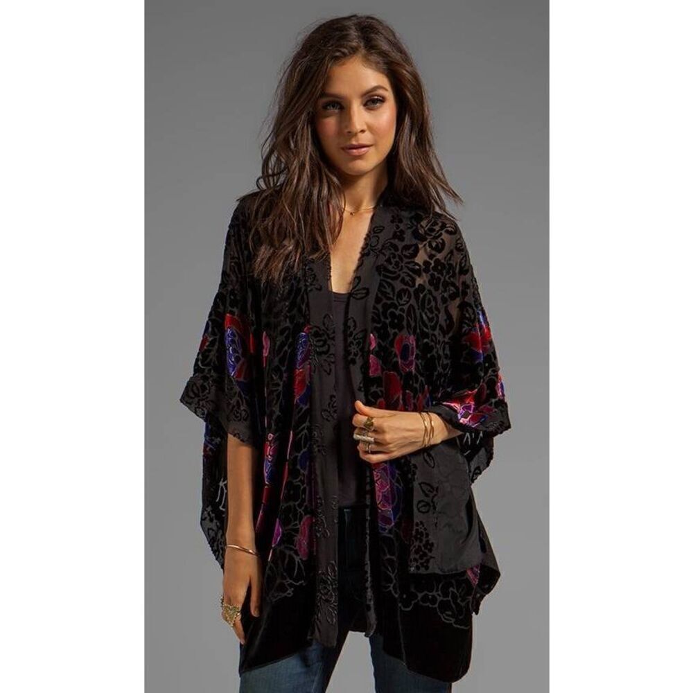 Revolve, Anna Sui Rose Border Burnout Velvet Open Cardigan in Black Multi PS